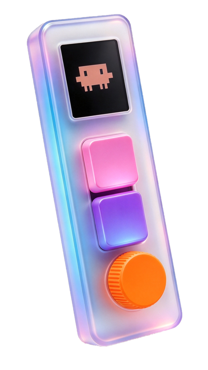 Vibokey concept device with a pink button and orange dial